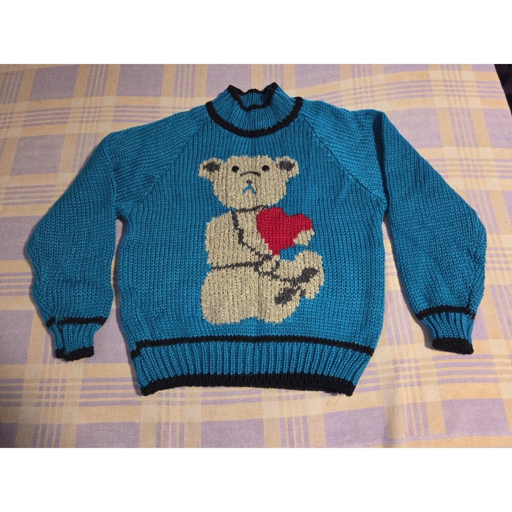 Evian II Hand Knitted Bear Blue Sweater Heart Teddy Button Eyes Large 80s 90s